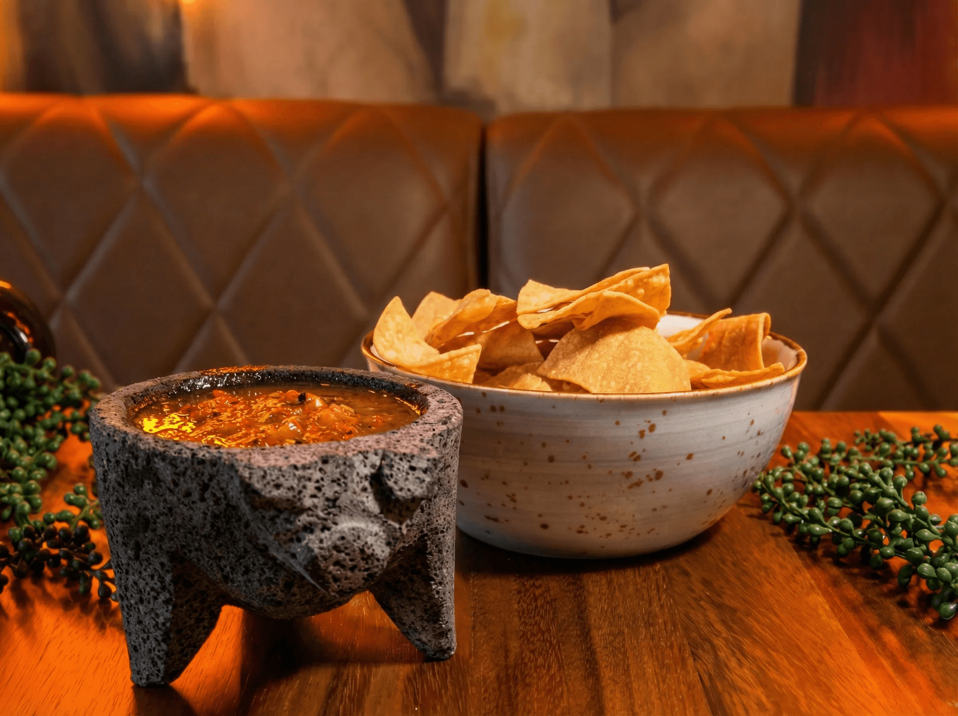 El Cabron Menu - Molcajete with Salsa and Tortilla Chips